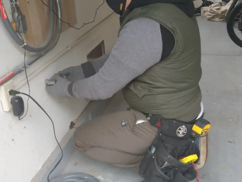 Electrician performing outlet wiring in a Willistown garage
